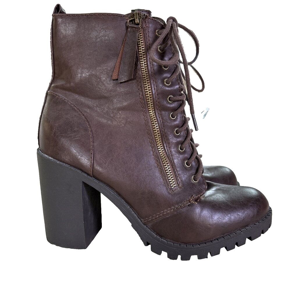Soda Brown Lace-Up Combat Moto Boots with Side Zipper